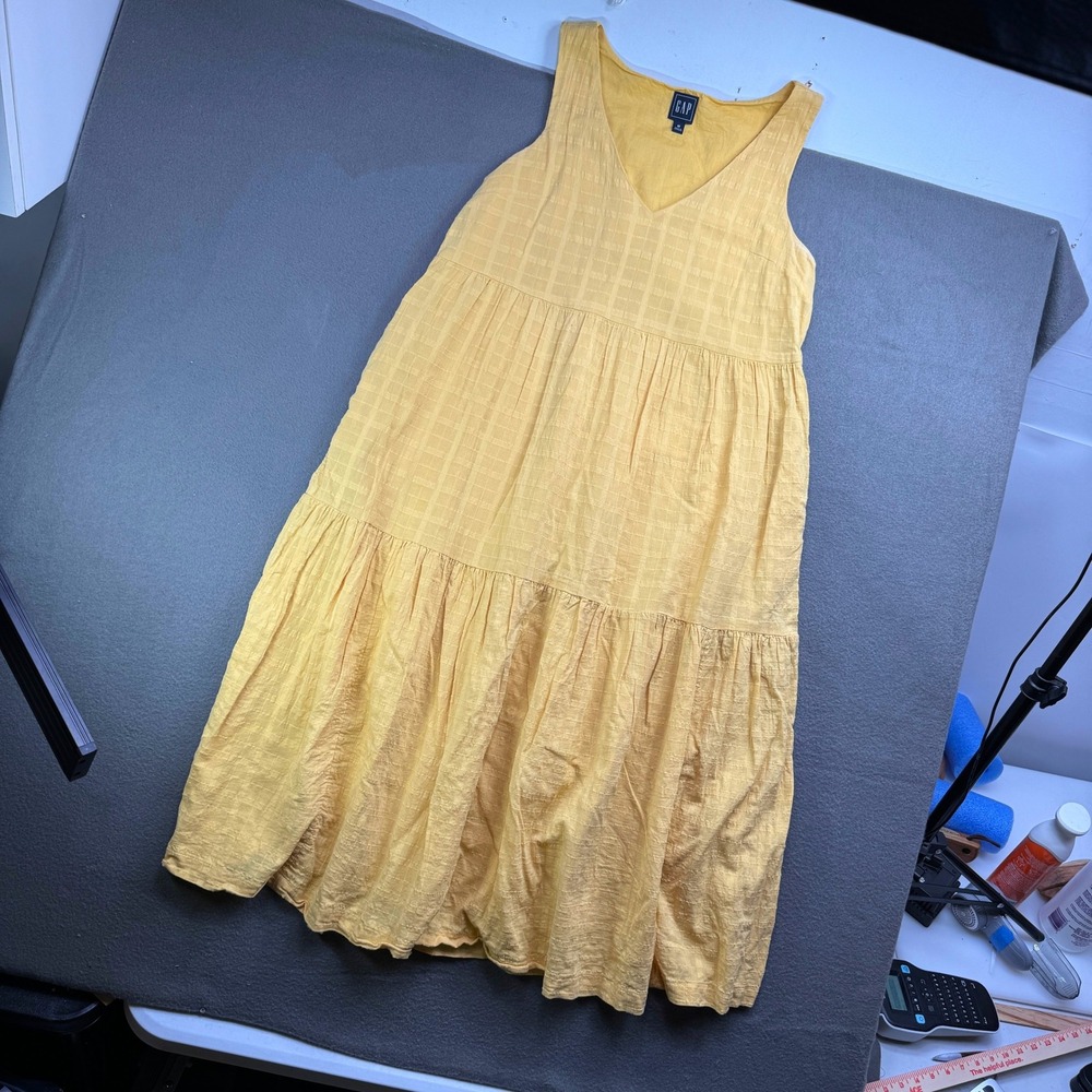 GAP V-Neck Tiered Midi Dress Women Medium French Almond Yellow Cotton Sleeveless - Picture 3 of 11